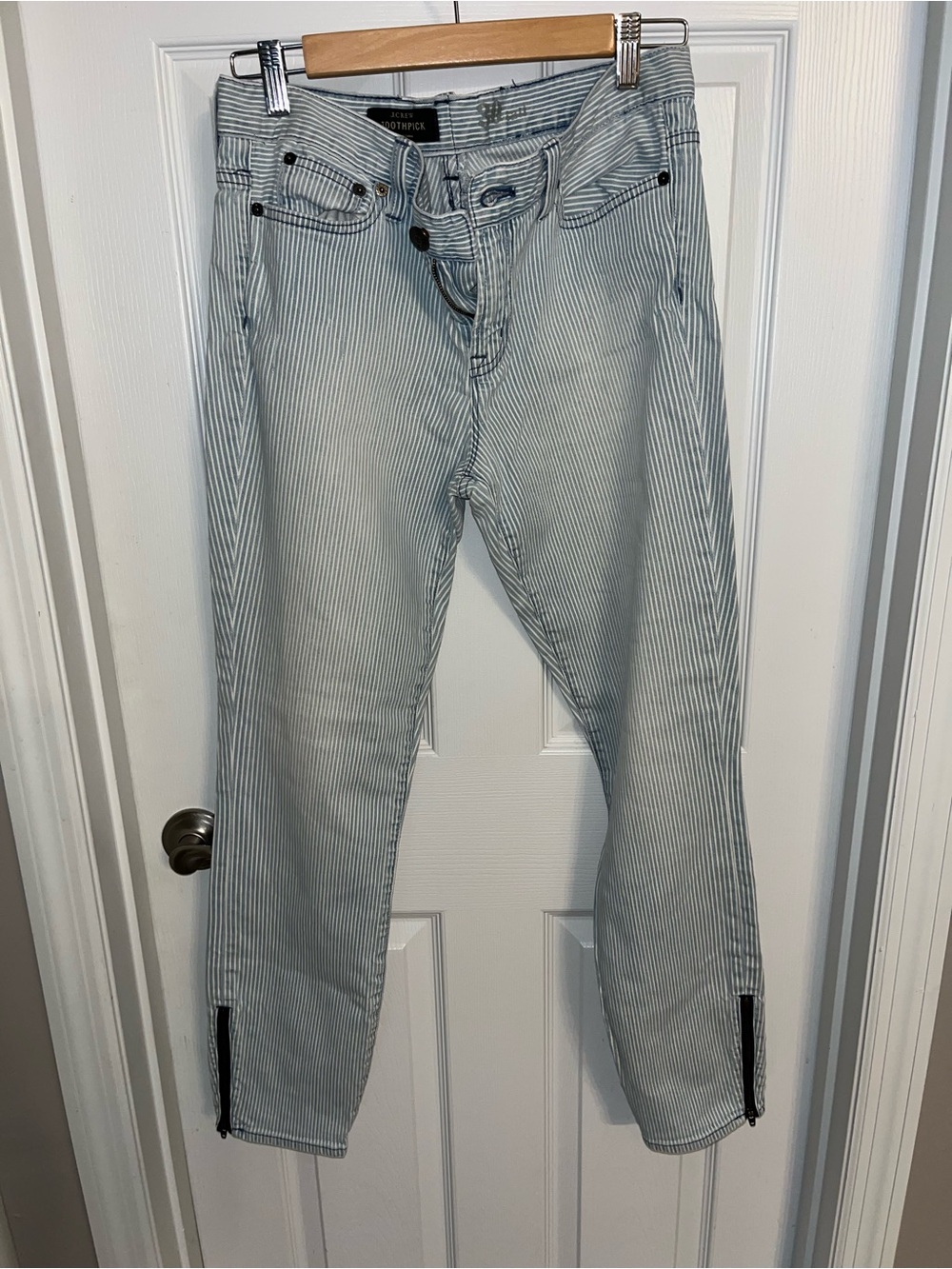 J. Crew Light Blue Pinstripe Skinny Jeans with Ankle Zips